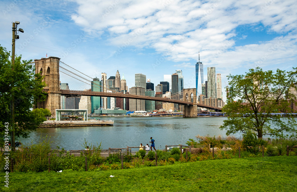 Brooklyn Bridge and Manhattan skyline as seen from Brooklyn Bridge Park, New York City