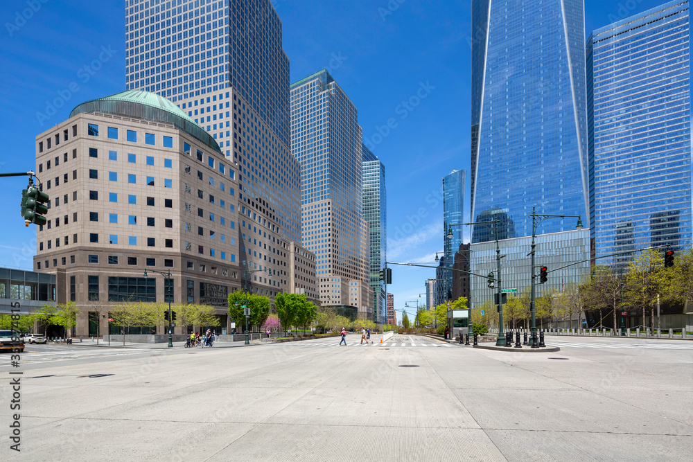 New York, NY, USA - May 2, 2020: View  of World Trade Center complex at Lower Manhattan.