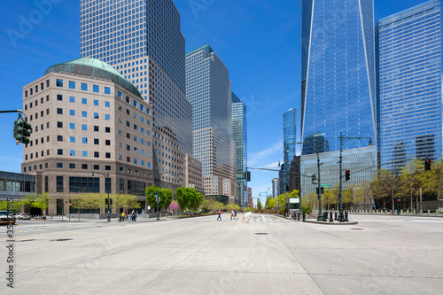 New York, NY, USA - May 2, 2020: View of World Trade Center complex at Lower Manhattan.