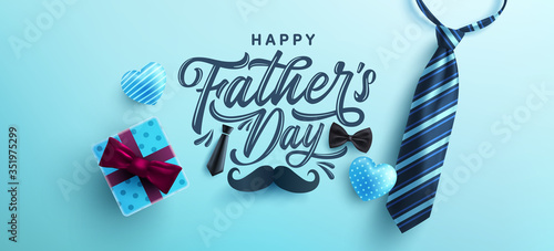 Tableau sur toile Father's Day poster or banner template with necktie and gift box on blue background