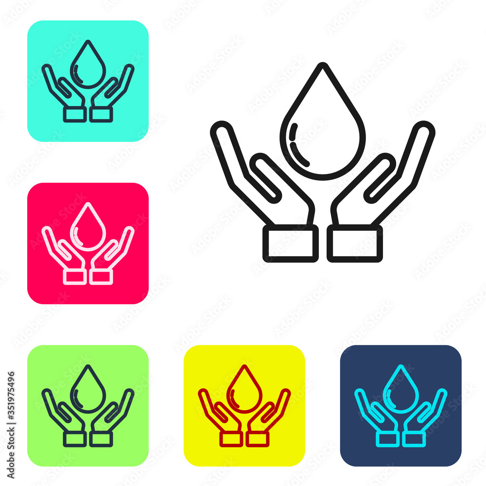 Fototapeta premium Black line Washing hands with soap icon isolated on white background. Washing hands with soap to prevent virus and bacteria. Set icons in color square buttons. Vector Illustration