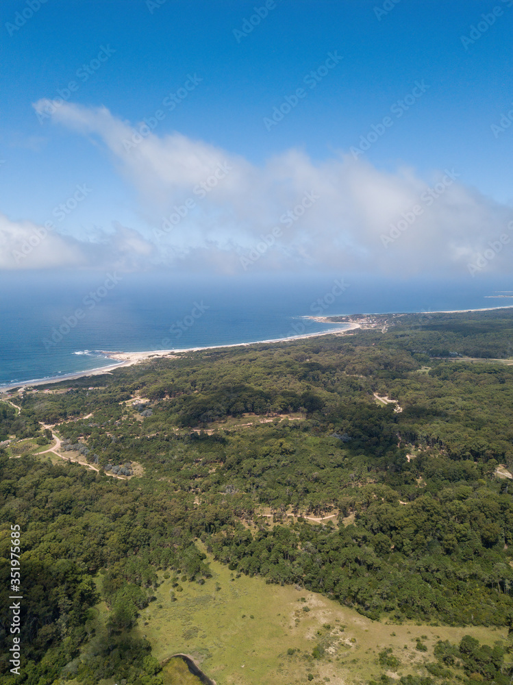 Aerial view of the beach in Punta del Diablo, wild beach. Rocha, Uruguay.