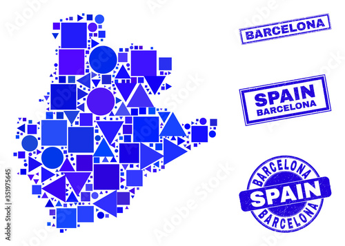 Vector mosaic Barcelona Province map. Geographic collage in blue color tones, and grunge round and rectangle stamp seals. Abstract collage of Barcelona Province map created of round, triangles,