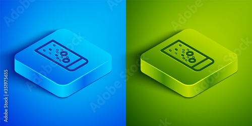 Isometric line Effervescent aspirin tablets dissolve in a glass of water icon isolated on blue and green background. Square button. Vector Illustration