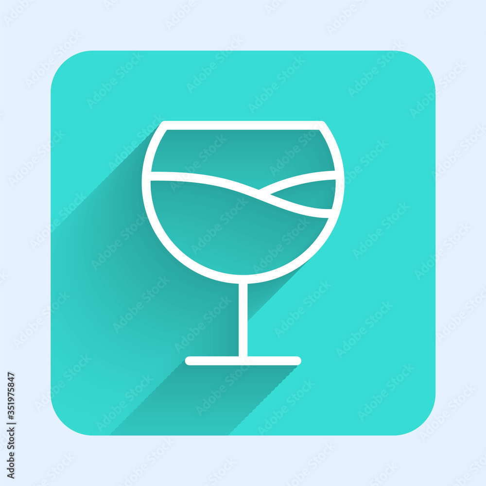 White line Wine glass icon isolated with long shadow. Wineglass sign. Green square button. Vector Illustration