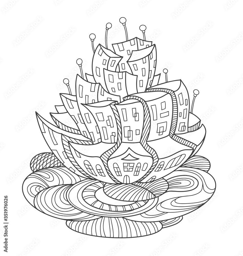 Flower-shaped fantasy city. Fairytale concept for page of coloring book, print, postcard. Vector outline illustration with doodle and zentangle elements. Doodle composition.