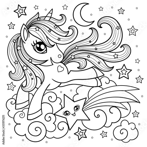ute cartoon unicorn on a cloud with a star. Black and white. Vector illustration