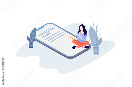 A woman is reading news on a ponsel. Vector illustration of headline concept.