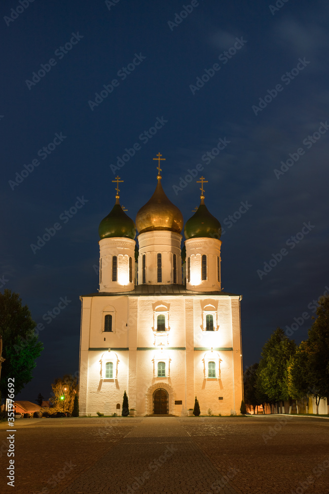 Orthodox Temple Of Assumption Cathedral With Illumination In Kolomna, Moscow Region, Russia.