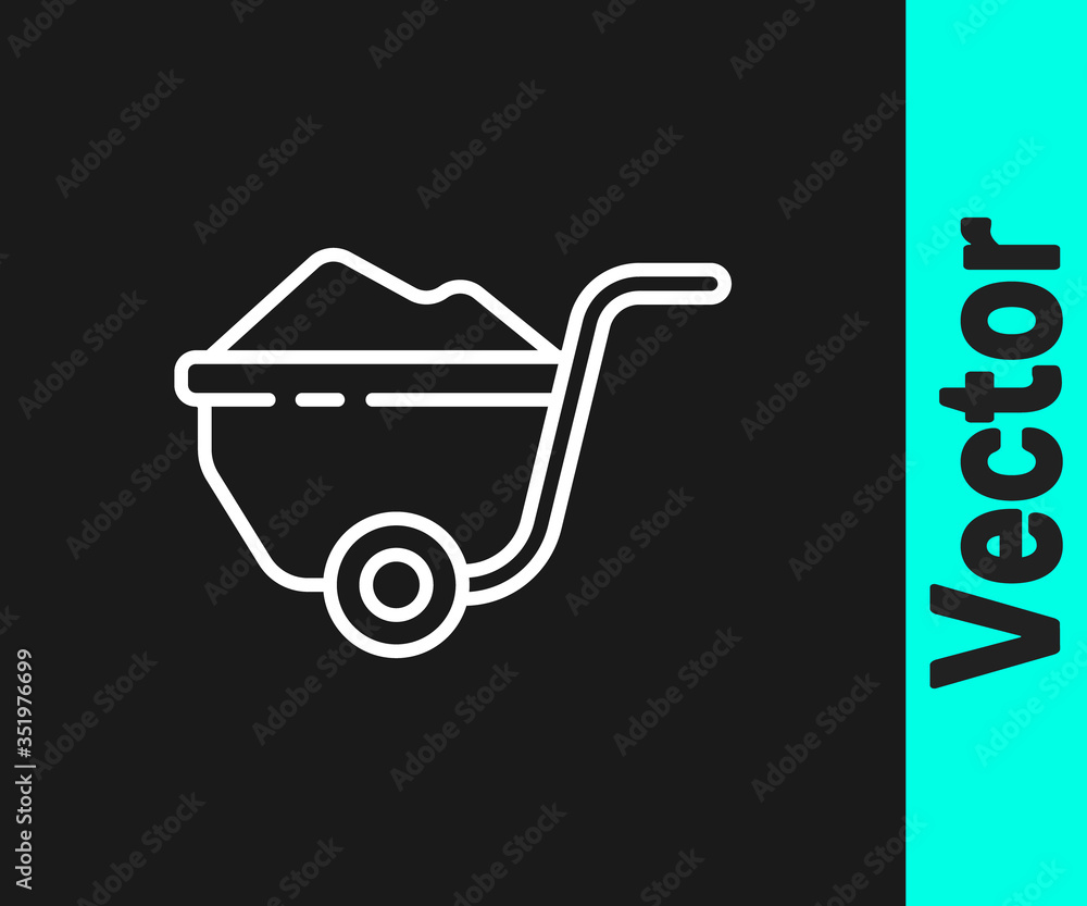 White line Wheelbarrow with dirt icon isolated on black background. Tool equipment. Agriculture cart wheel farm. Vector Illustration White line Wheelbarrow with dirt icon isolated on black background. Tool equipment. Agriculture cart wheel farm. Vector Illustration