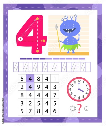 Learning Number 4 with funny monster. Coloring printable worksheet for kindergarten and preschool. Four. Handwriting practice. Coloring book.