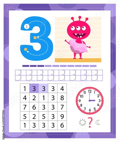 Learning Number 3 with funny monster. Coloring printable worksheet for kindergarten and preschool. Three. Handwriting practice. Coloring book.