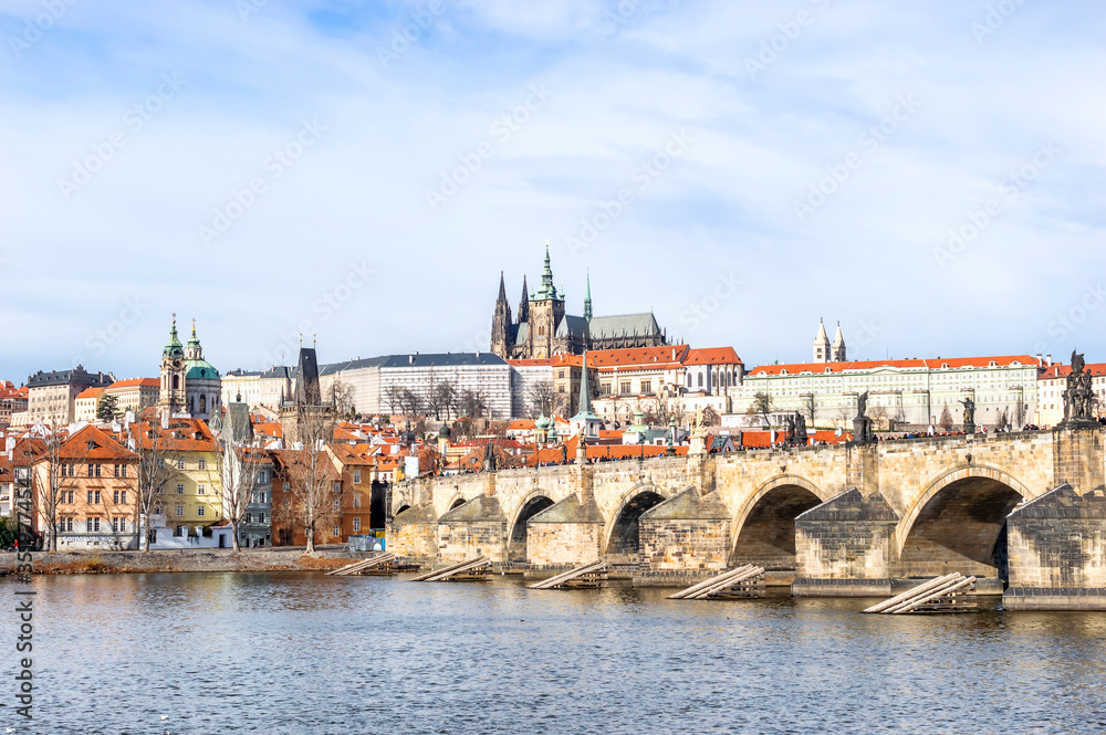 Prague, Czech Republic - February 22, 2020: Charles Bridge over Vltava river in Prague.