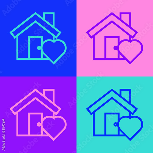 Pop art line House with heart shape icon isolated on color background. Love home symbol. Family, real estate and realty. Vector Illustration