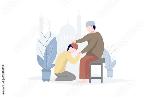 A child kisses his father's hand, celebrating Eid. Happy Eid Mubarak.Vector illustration.