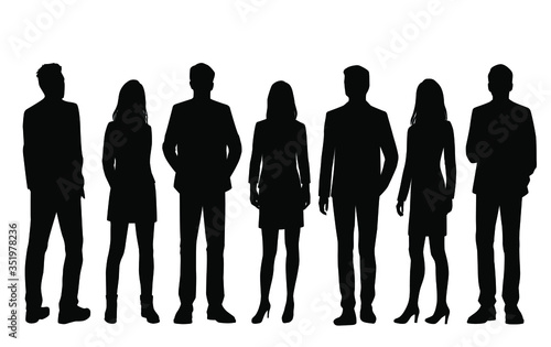 Set of vector silhouettes of men and a women, a group of standing business people, black color isolated on white background