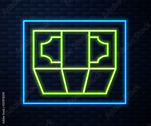 Glowing neon line Stacks paper money cash icon isolated on brick wall background. Money banknotes stacks. Bill currency. Vector Illustration