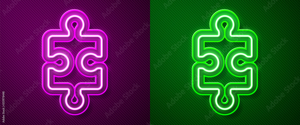 Glowing neon line Piece of puzzle icon isolated on purple and green background. Business, marketing, finance, layout, infographics, internet concept. Vector Illustration Glowing neon line Piece of puzzle icon isolated on purple and green background. Business, marketing, finance, layout, infographics, internet concept. Vector Illustration