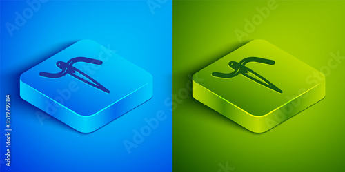 Isometric line Needle for sewing with thread icon isolated on blue and green background. Tailor symbol. Textile sew up craft sign. Embroidery tool. Square button. Vector Illustration