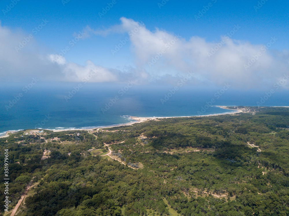 Aerial view of lots full of trees and vegetation, next to the sea, Rocha, Uruguay.