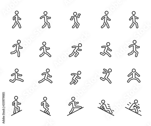 Vector set of movement people line icons. Contains icons walking, running, jumping, climbing, descending, gait and more. Pixel perfect.
