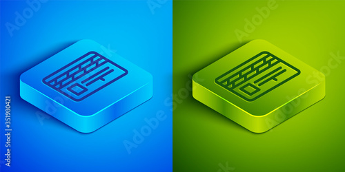 Isometric line Movie clapper icon isolated on blue and green background. Film clapper board. Clapperboard sign. Cinema production or media industry. Square button. Vector Illustration