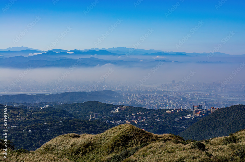 Aerial view of the Chinese Culture University and cityscape from Yangmingshan National Park