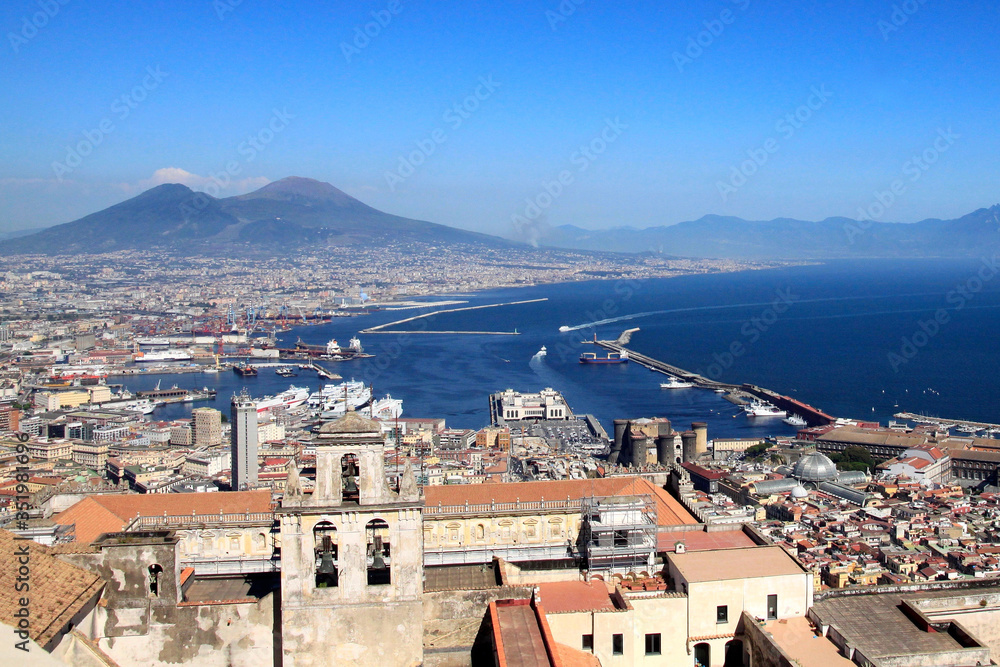 Naples, Italy - Stunning view of the Certosa di San Martino monastery complex, the city of Napoli and Mount Vesuvius. From the Castle Sant'Elmo on the Vomero hill.