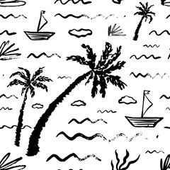 Papier peint photo Vagues de la mer patrons Objets de voyage tropicaux dessinés  © alena.art.design