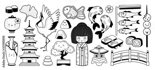 Japanese traditional garden, pagoda, geisha, bonsai, koi carps, tayaki fish. National symbols of Japan. Kawaii cartoon characters. Doodle outline vector illustration for coloring book, tattoo, print.