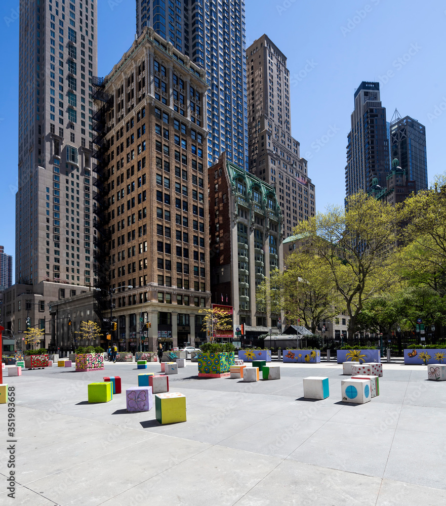New York, NY / USA - May 2, 2020: Coronavirus impact, empty downtown streets in Manhattan during pandemic city lockdown.