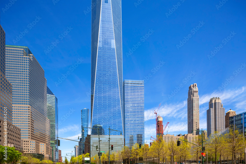 New York, NY, USA - May 2, 2020: View of World Trade Center complex at Lower Manhattan.