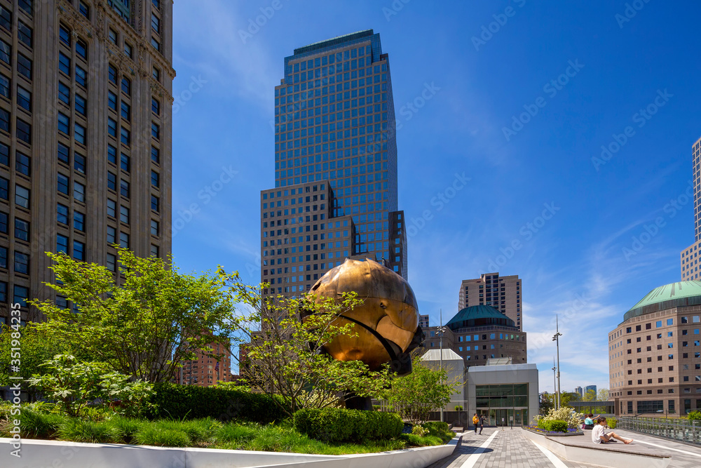 New York, NY, USA - May 2, 2020: View of World Trade Center complex at Lower Manhattan.