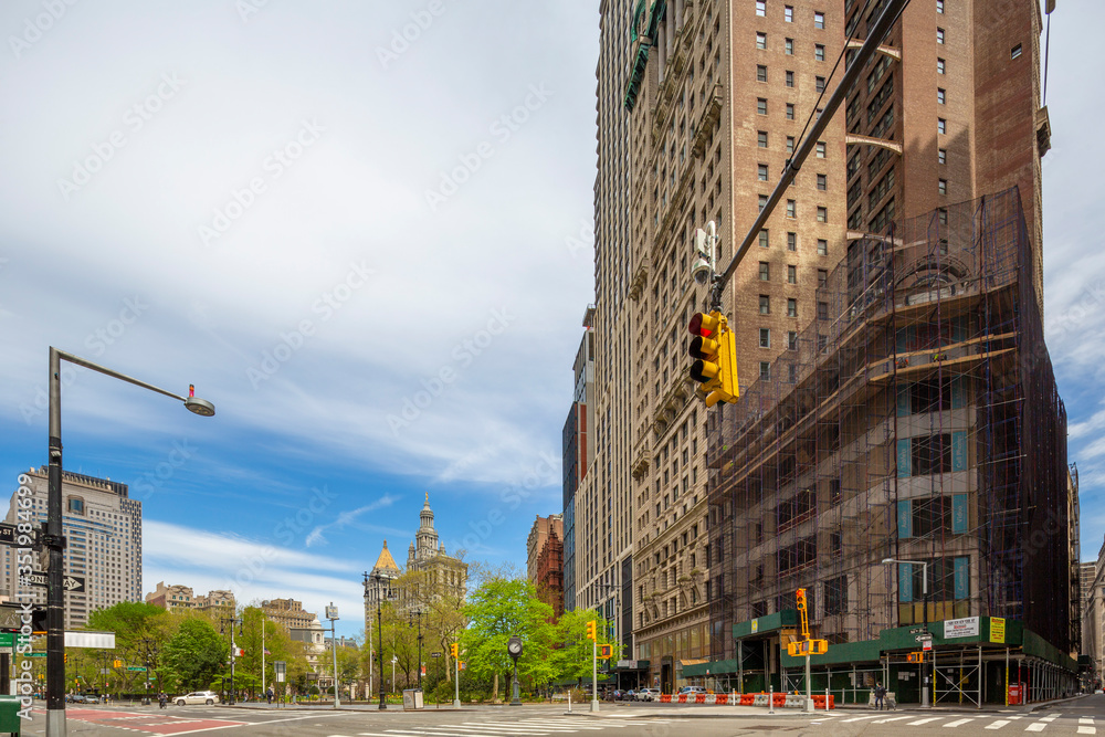 New York, NY / USA - May 2, 2020: Coronavirus impact, empty downtown streets in Manhattan during pandemic city lockdown.