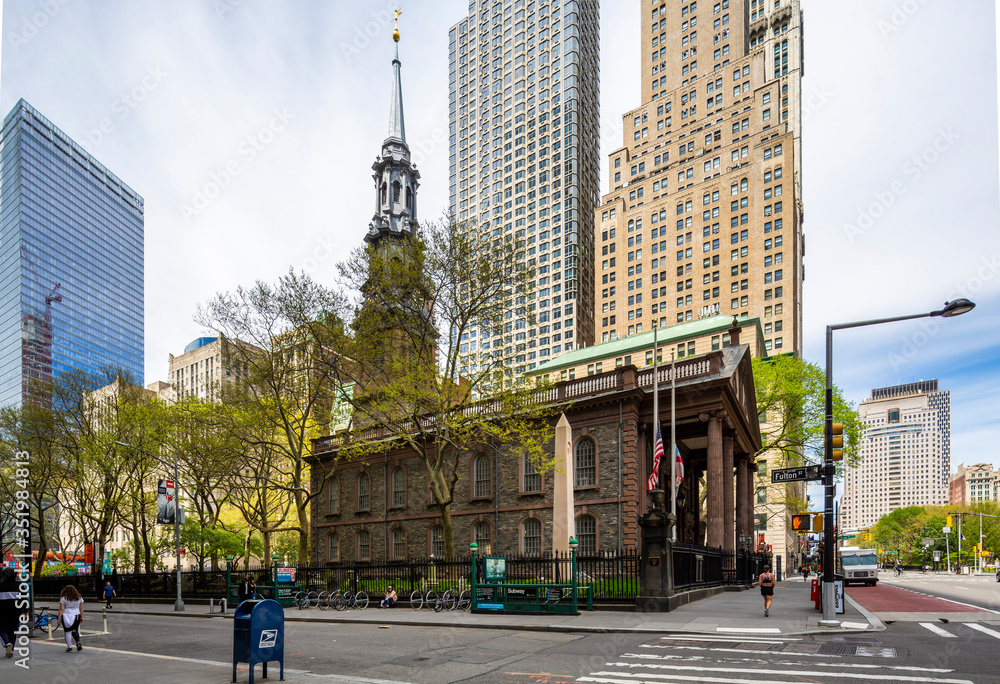 New York, NY / USA - May 2, 2020: Coronavirus impact, empty downtown streets in Manhattan during pandemic city lockdown.