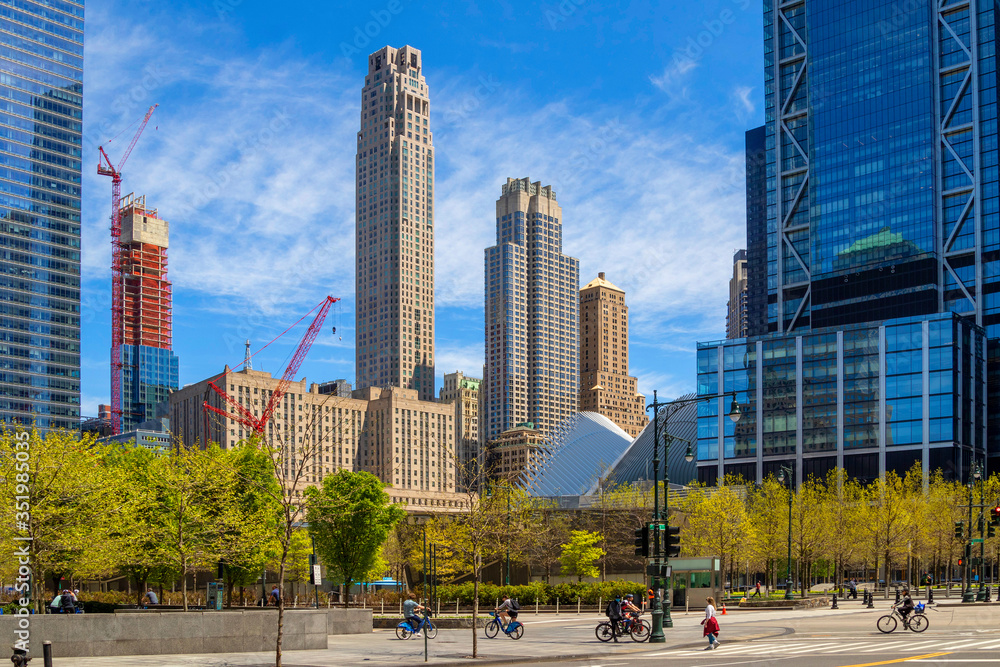 New York, NY, USA - May 2, 2020: View of World Trade Center complex at Lower Manhattan.