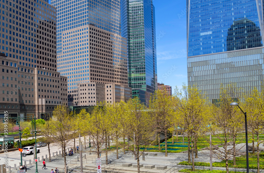 New York, NY, USA - May 2, 2020: View of World Trade Center complex at Lower Manhattan.