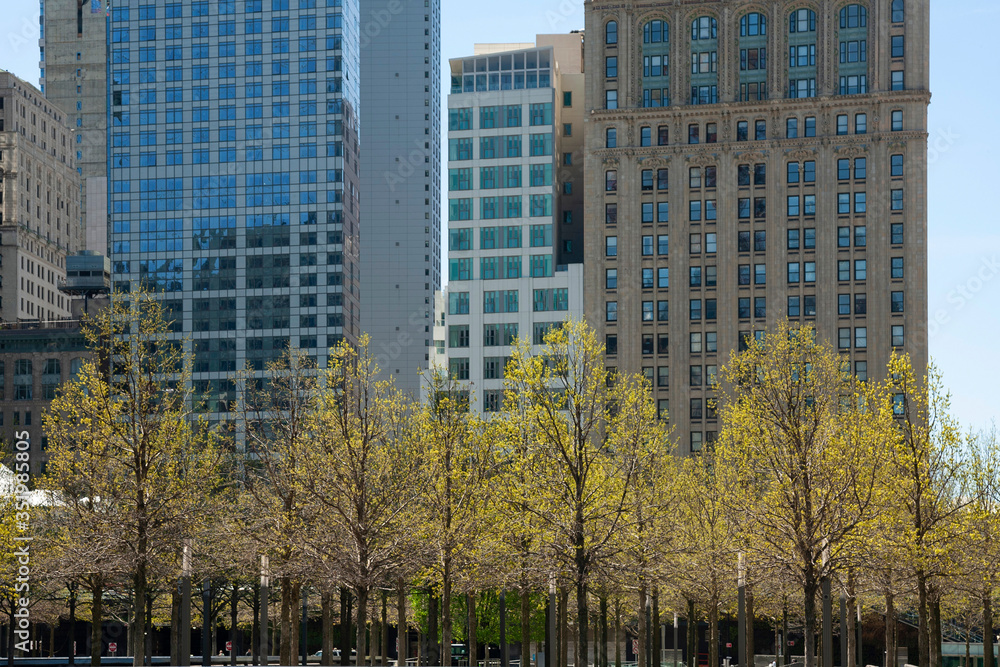 New York, NY, USA - May 2, 2020: View of World Trade Center Memorial park at Lower Manhattan.