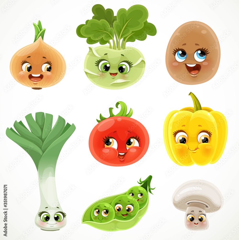 Vecteur Stock Cute cartoon emoji onion, potato, leek, bell pepper