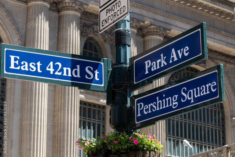 Road sign in the street. East 42nd St and Park Ave. New York. United States.