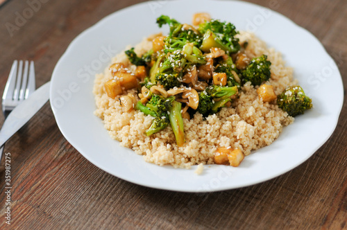 Fresh delicious meal. Broccoli, cous cous.