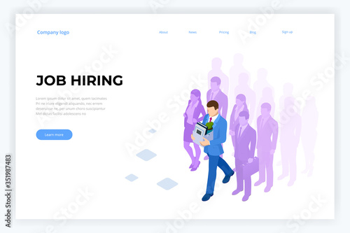 Isometric hiring and recruitment, job candidates and job centre concept. Job interview, recruitment agency. HR job seeking.