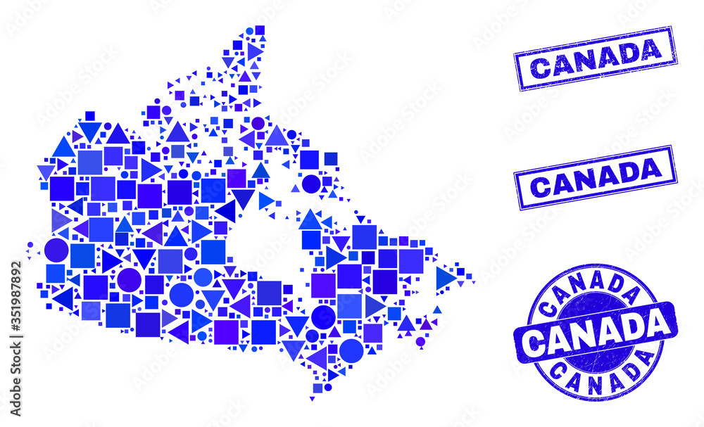 Vector mosaic Canada map. Geographic scheme in blue color shades, and textured round and rectangle stamps. Abstract mosaic of Canada map combined of round, tringle, square geometric spots.