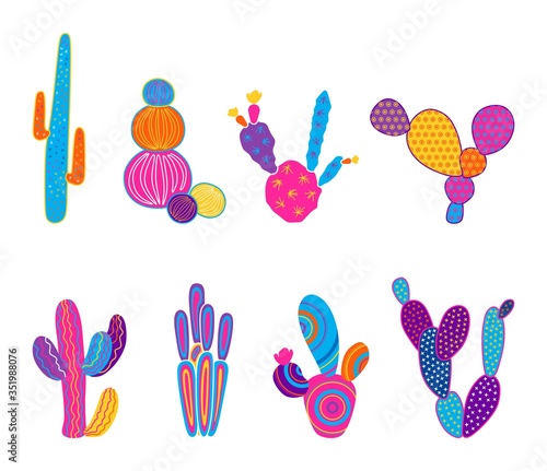 Vector illustration of cacti isolated on a white background. Icons  silhouettes of cacti. Mexican desert cactus  tropical plants  summer garden. Abstract creative decorative cactus  succulent  aloe