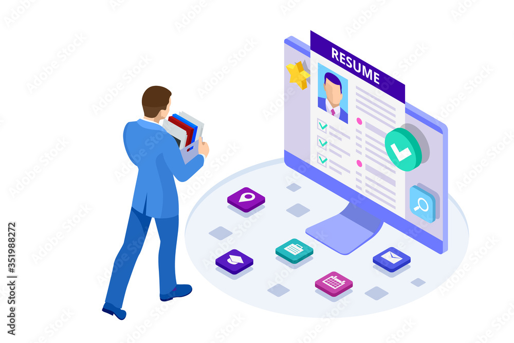 Isometric hiring and recruitment, job candidates and job centre concept. Job interview, recruitment agency. HR job seeking.