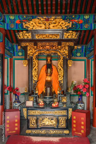 The interior of the Taoist Temple of the White Cloud, numerous decorations at the altar.