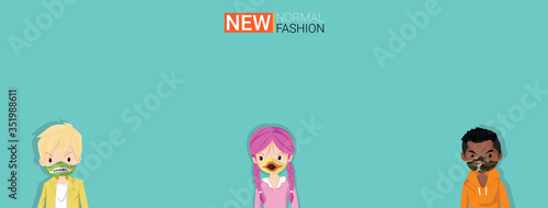 New normal concept and physical distancing kid keep distance from each other and wearing design fashion face mask prevention from disease outbreak. Vector of new behavior after Covid-19 pandemic