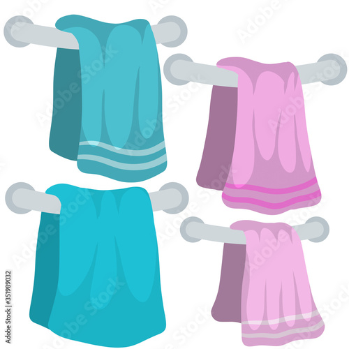 Set of Pink and blue towel on holder. Element of bath, shower and kitchen. dry off with towel. Object on wall. Cartoon flat illustration