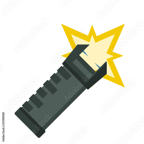 Shocker for protection. Taser is an electric weapon. Personal safety. Item for safety. Working device. Cartoon flat illustration, Yellow lightning flash