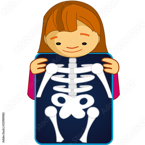 X ray, röntgen. Xray shows the breast, ribs, spine, and pelvis bones. Cartoon body x-ray of child girl character. Dark roentgen film. Medical educational drawing.  Biology illustration Vector